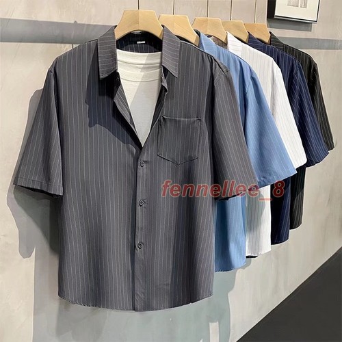 Nueva Camisa Coreana de Verano a Rayas Manga Media Bolsillo Para Hombres Lujo Informal Manga Prenda para el torso - Imagen 13 de 29