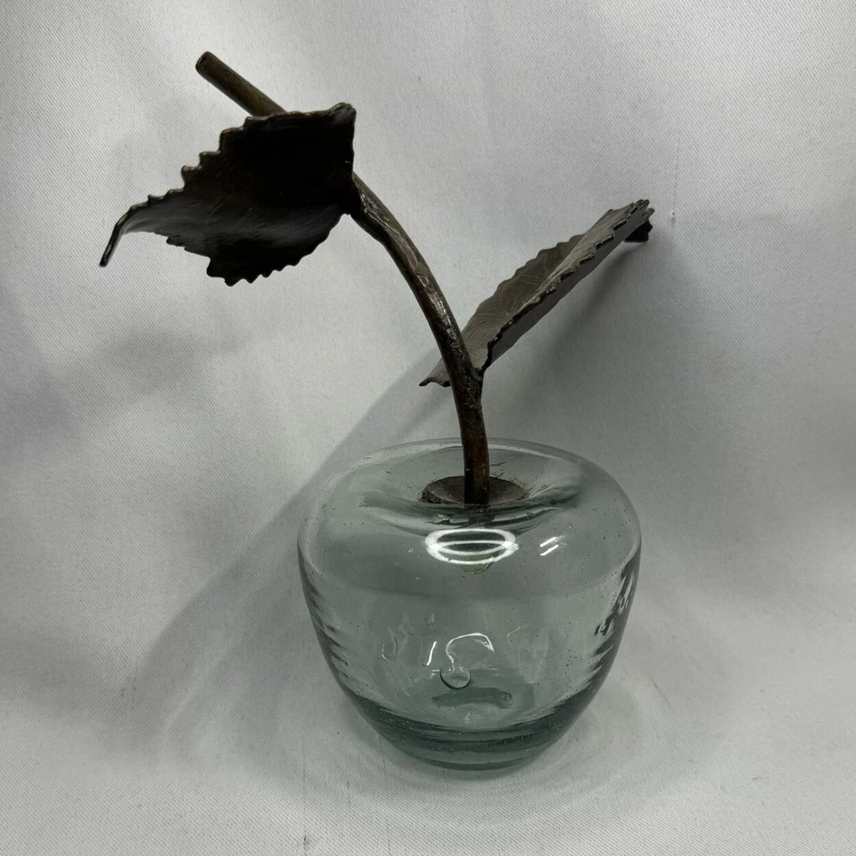 Vidrio artístico soplado a mano azul ahumado vintage manzana metal vástago hojas vidrio burbuja Foto 3 de 4