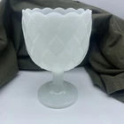 Vintage Diamond Pattern White Milk Glass Pedestal Goblet Vase Approx 6.25" Tall