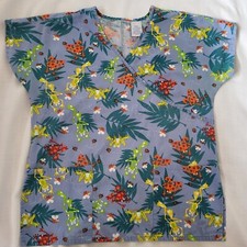 Womens Small Scrub Top Yellow Orange Green Happy Spotted Frogs Ladybugs Bees 