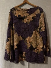 Fashion Bug Tunic Blouse Women’s Long Sleeve Purple/Gold Floral Sz XL