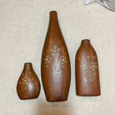 Faux Wood Vases Set of 3 Brown Floral Bud Vases Rhinestone Accent