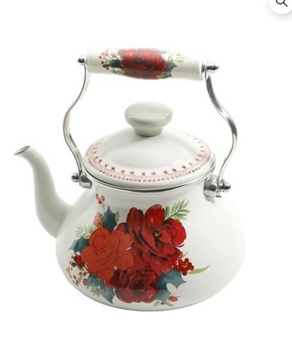 The Pioneer Woman Floral Enamel Stove Top Tea Kettle White Red Green