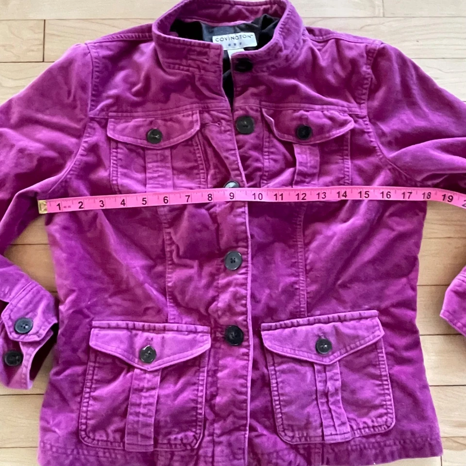 Chaqueta de terciopelo rosa Y2K para mujer pequeña S magenta felpa estilo utilitario botón delantero Foto 4 de 4