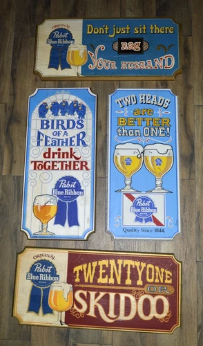 Vintage Pabst Blue Ribbon Beer Wooden Ad Signs 1960s Signed BRIENZA Lot Of 4