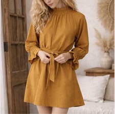 Doen Miro Smocked Neck Cotton Mini Dress in Golden Hour size S