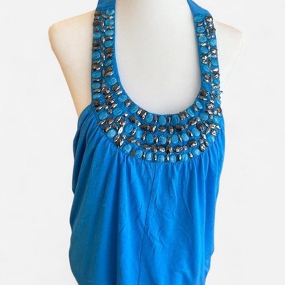 New Directions Blue Embellished Halter Bubble Hem Top | XL