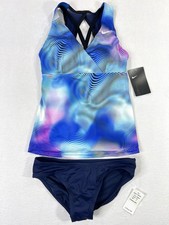 Nike Swimsuit Sports Tankini  Bottom Layered Crossback Blue Womens XS New