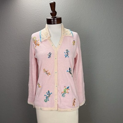 Vtg Storybook Knits Cardigan Sweater For HSN Pink Embroidered Gecko Lizard XS