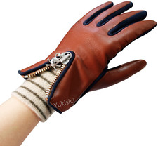 Vivienne Westwood Japan Sheepskin Gloves Skull Zip Rib Knit Cuff Brown Navy NWT