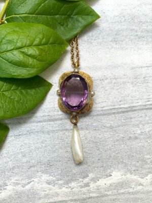 Antique Victorian Romantic Period 14k Gold Amethyst Dog Tooth Pearl  Necklace 22