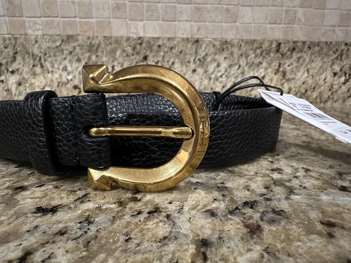 Salvatore Ferragamo Men's Gancini Gold Buckle Black Textured Leather Belt  100cm