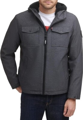 Levi's Men's Soft Shell Hooded Storm Coat Graphite Heather Sherpa