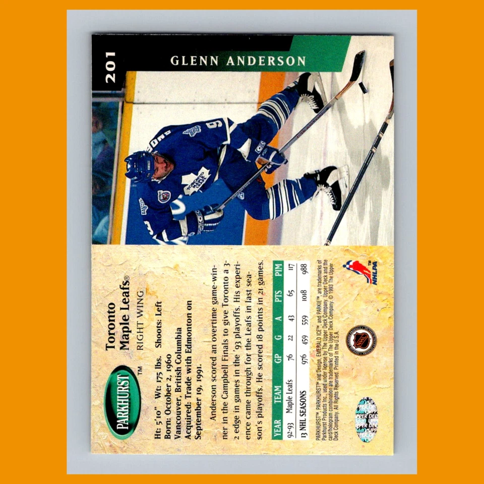 Glenn Anderson #201 1993 Parkhurst Emerald Ice Toronto Maple Leafs Hockey Card - Image 2 of 3
