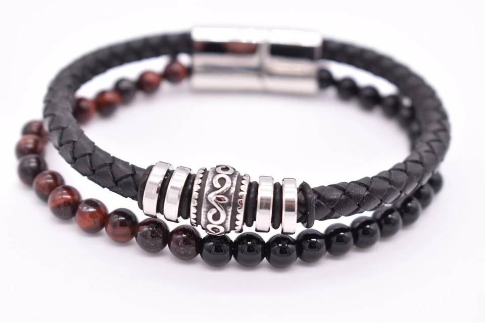 Pulsera Reiki Energía Curativa Cuero Ojo de Tigre Obsidiana Hombre Regalo Perfecto Foto 3 de 4