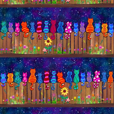 Feline Drive Fabric STAR GAZING STRIPE Colorful Cats on Fence - Sold by the Yard