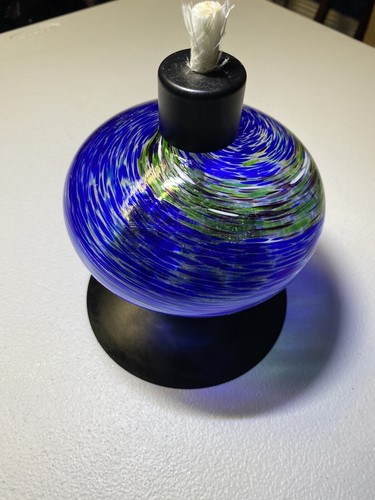 Hand Blown Art Glass Blue And Green Swirled Design Black Accents Oil Lamp
