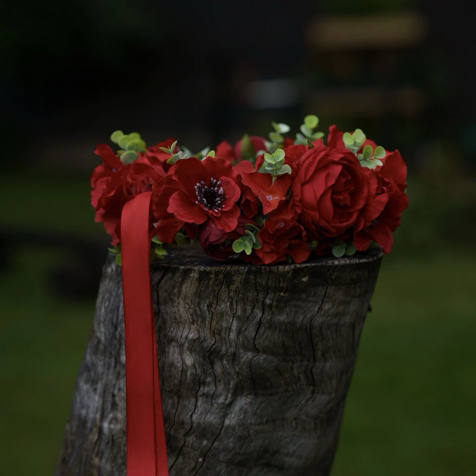 Flower Headband Head Garland Hair Band Floral Crown Wreath Festival Wedding Red - Image 2 of 3