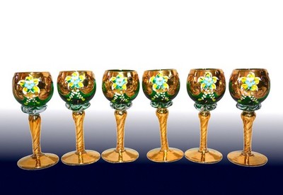6 Murano Tre Fuochi Emerald Green 24k Gold Cordial Liqueur Shot Glasses VTG 4.25