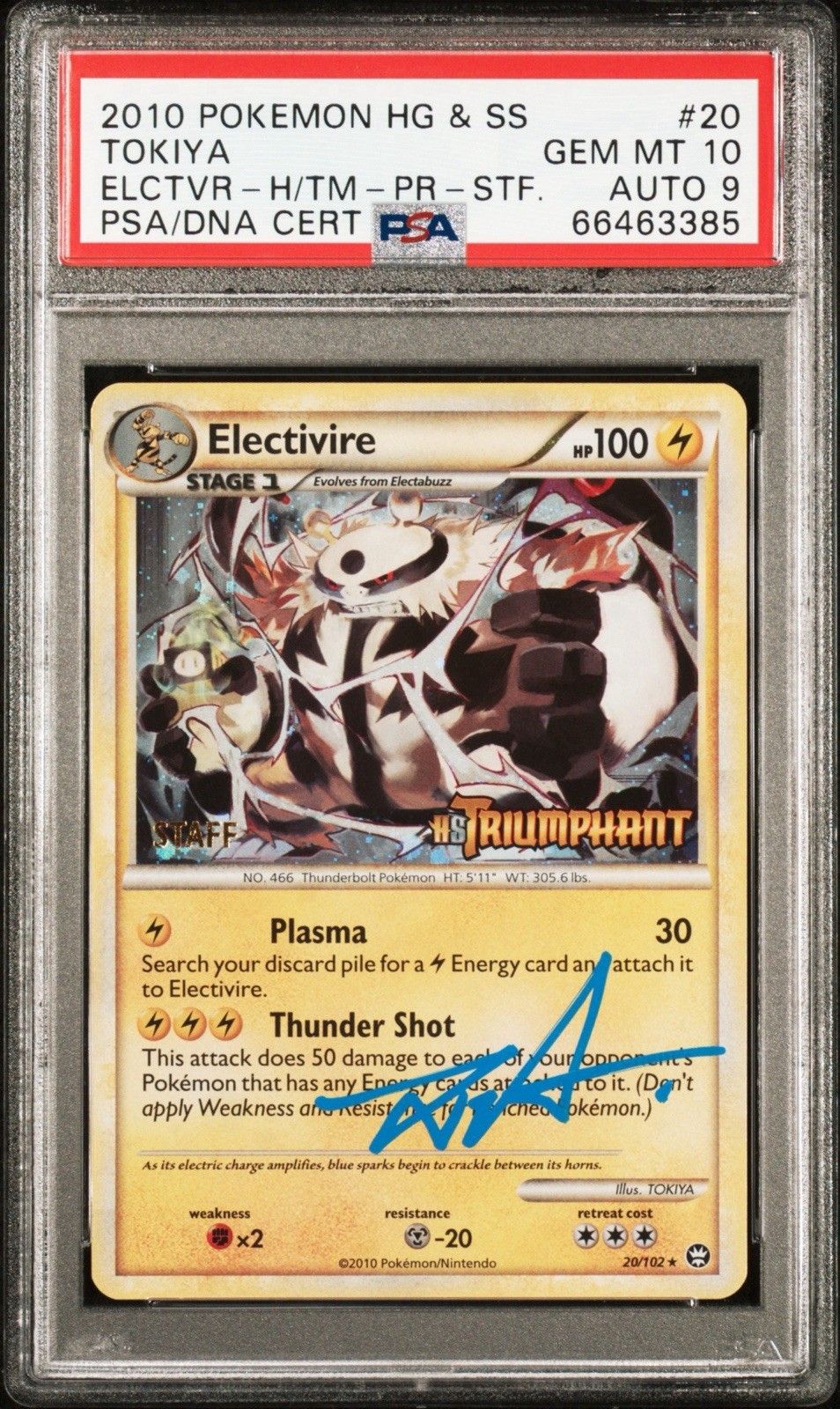 ELECTIVIRE 2010 POKEMON HGSS TRIUMPHANT 20/102 HOLO Staff Signed Tokiya Psa 10 