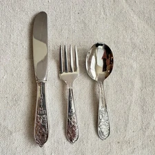 Child Little Miss Muffet Baby Spoon, Fork & Knife set silver plate