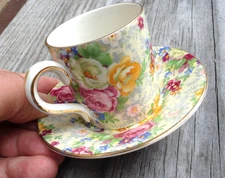 antique BCM Lord Nelson Ware "Rose Time" chintz demitasse cup & saucer gold trim