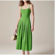 J Crew Pleated Drop-Waist Dress 00 NWT Sariah Crinkle Cotton Green CI080 J.Crew
