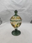 Candy Jar Raised Grapes Clear Glass Dark Green Brown Decorated Depression Glass