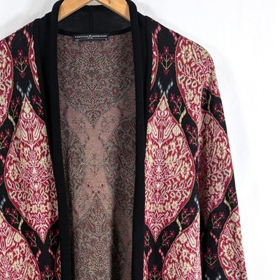 Peruvian Connection Cardigan Red Black Damask Floral Intarsia Knit Open Front M