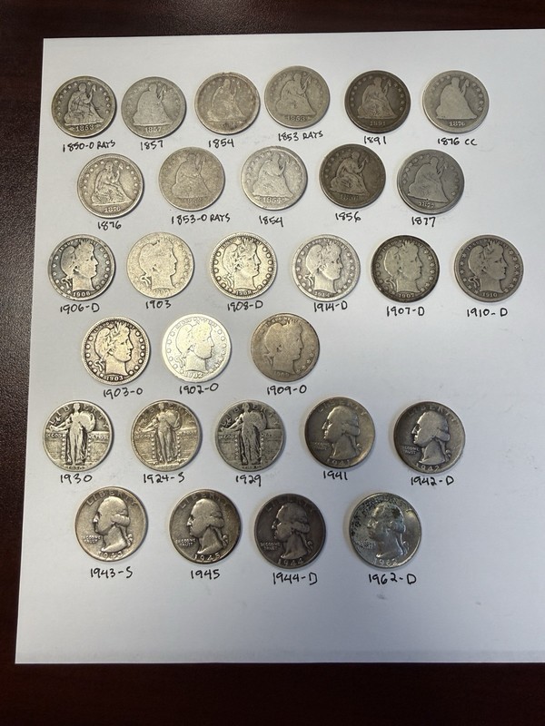 (Lot Of 29) Seated & Standing Liberty, Barber, & Washington Quarters 90% Silver