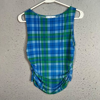 Mango Womens Small Blue & Green Plaid Sleeveless Tank Top Polyester Blend