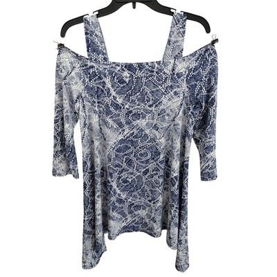 Clara Sunwoo Blue & White Sharkbite Hem Stretchy Cold-Shoulder Tunic Top Medium