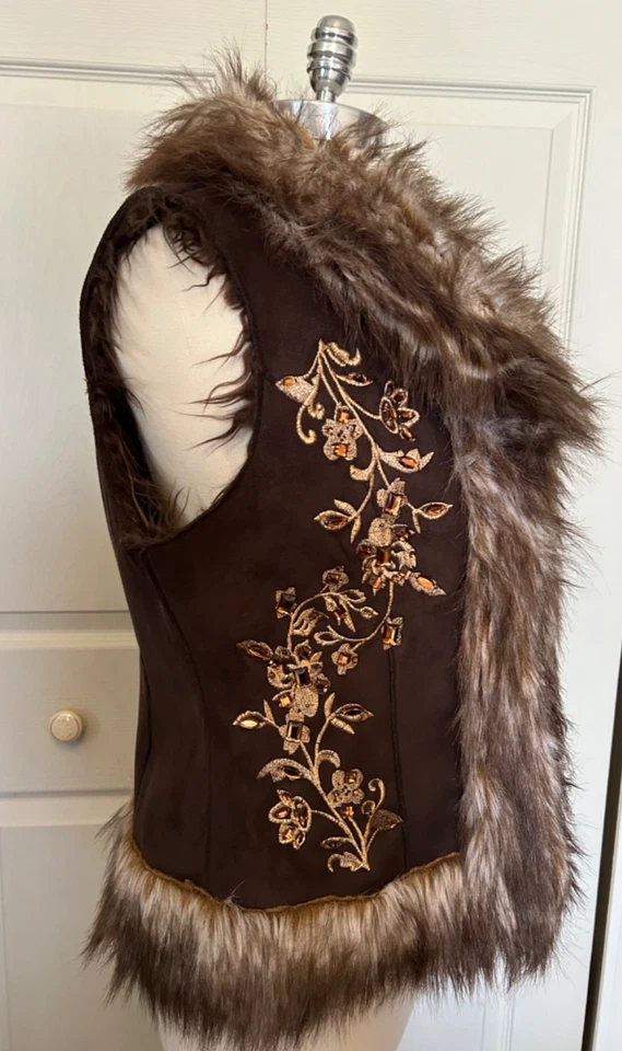 INC Brown Plush Faux Fur & Suede Med Amber Rhinestones Gold Embroidered Vest NWT - Image 4 of 4