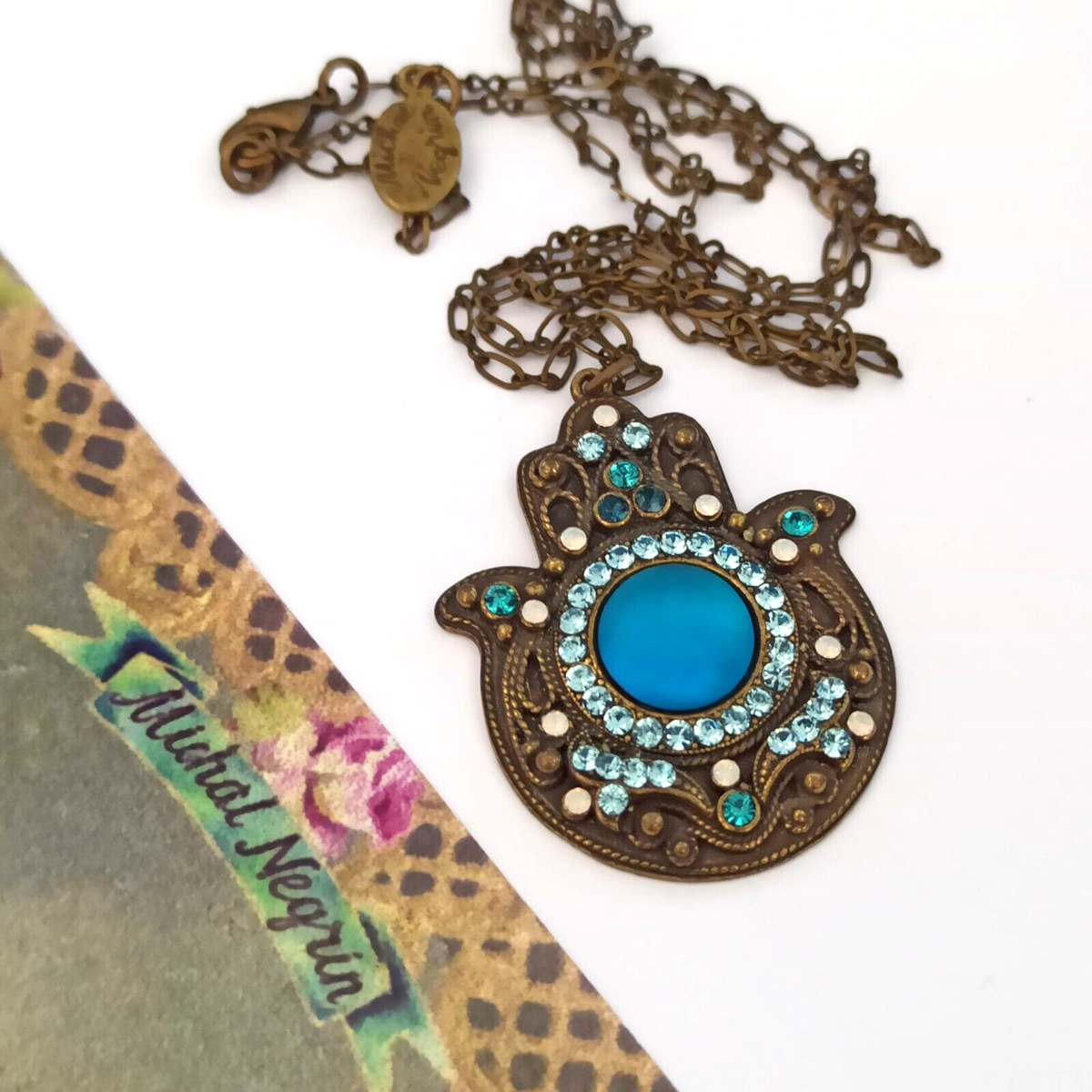 Michal Negrin Necklace Large Hamsa Azure Blue Hand of Fatima