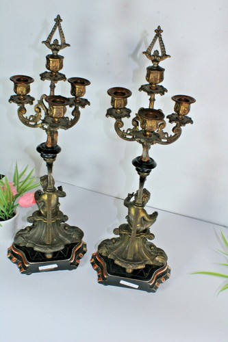 PAIR antique Cherub putti figural Candelabras candle holders zamac metal - Picture 10 of 12