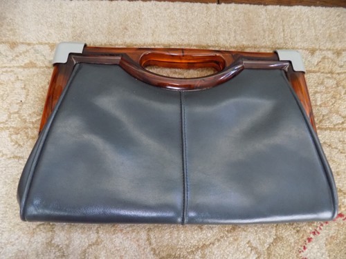 1970s clutch bag Tortoise caramel lucite handle w side lifting clasps Dark Gray