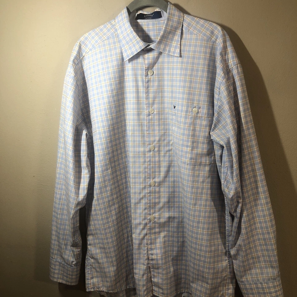 Camisa de golf Callaway talla grande con botones blanca azul a cuadros manga larga Foto 2 de 4