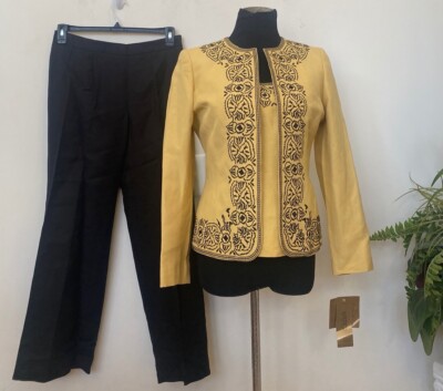 NWT Kasper Womens Embroidery Saffron Yellow Black Linen 3PC Pant Suit Sz 6P $280