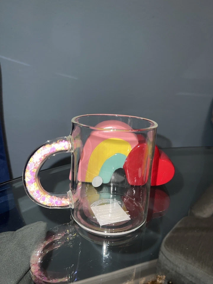 Starbucks 2022 NUEVA Taza de Vidrio Confeti Brillo San Valentín Corazones Rosa Limitada Foto 2 de 4