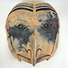 Vintage signed pottery heavy unique wall hanging mask warrior bird man 10"