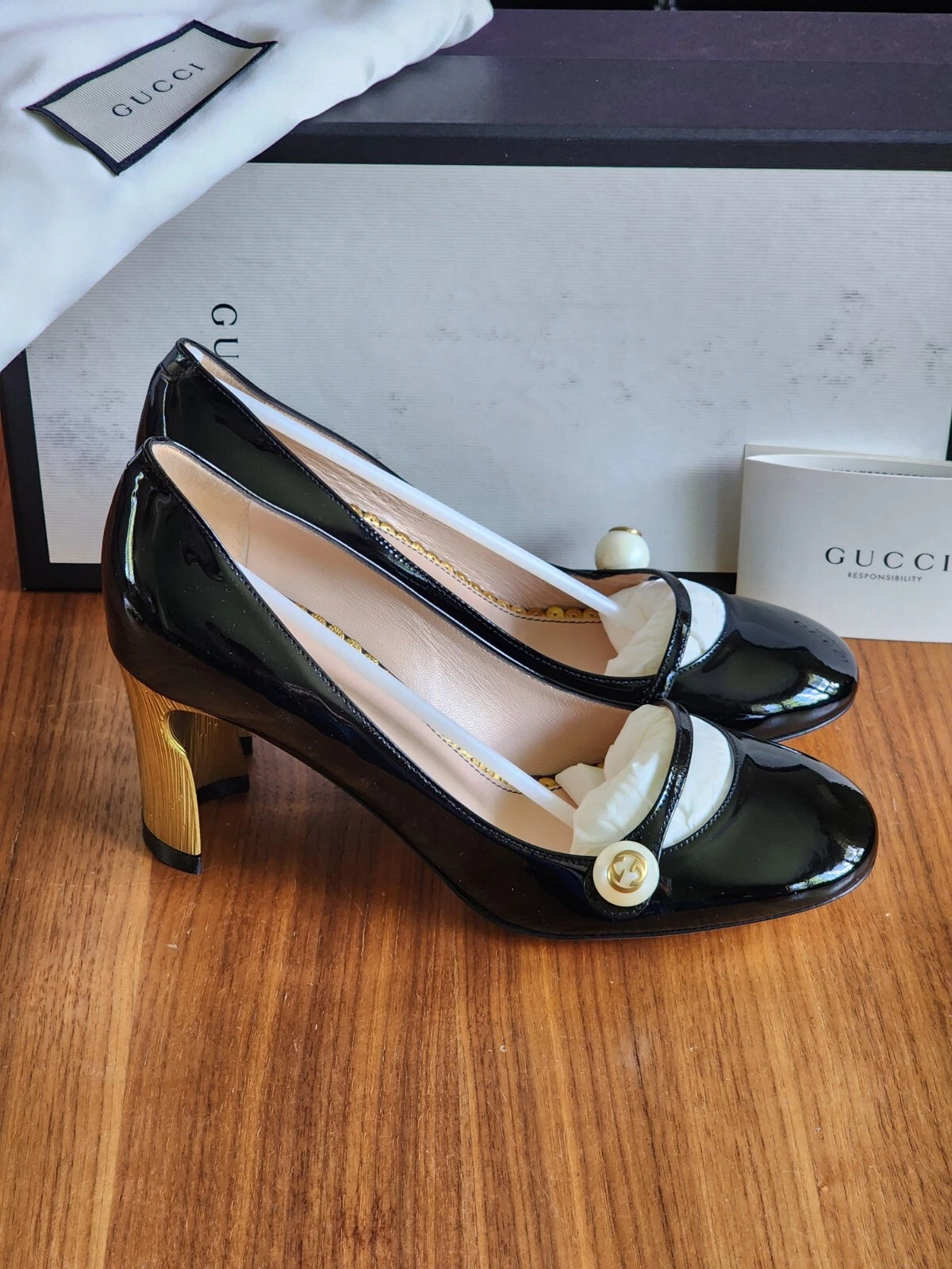 Chaussures escarpins femme Gucci GG cristal noir cuir verni 5 35 neuves 100 % authentiques