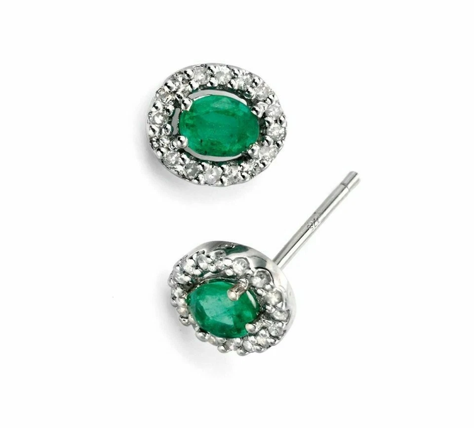 Orecchini In Smeraldo Naturale Con Cluster Di Diamanti In Oro Bianco 9ct - Immagine 2 di 4