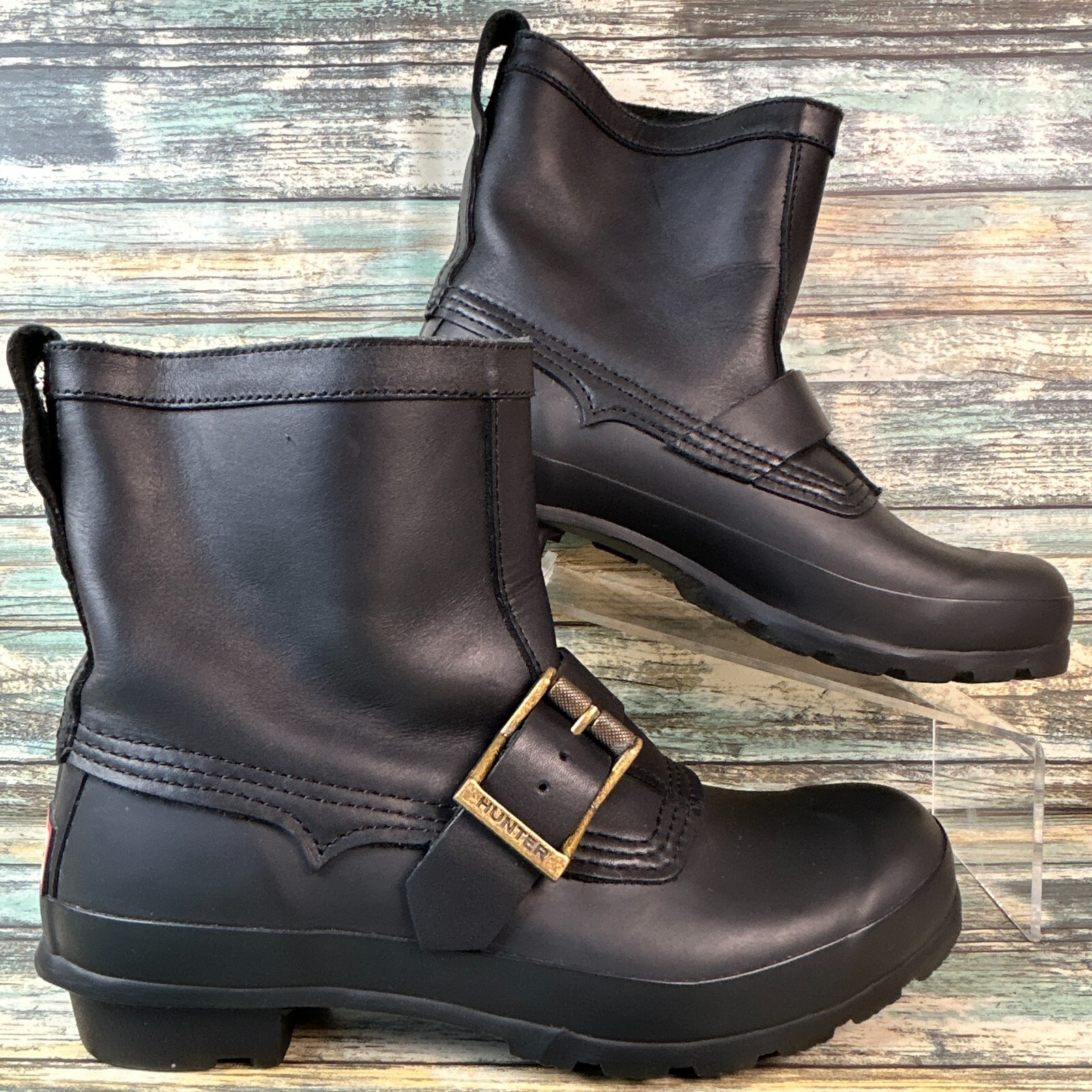 Hunter Short Ankle Rain Boots Waterproof Rubber Leather Block Heel Size 6M-image