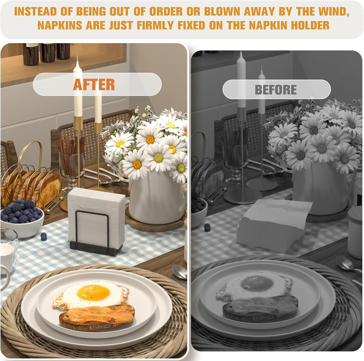 Wican Napkin Holder for Table, Bamboo Iron Standing Napkin Dispenser for Kitchen