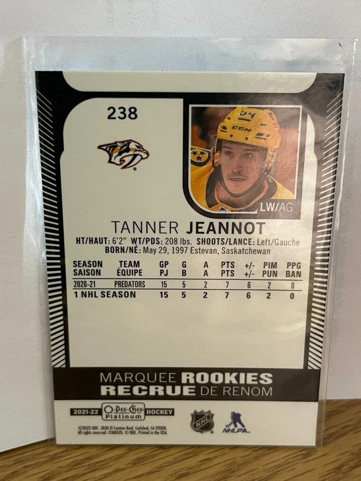 2021-22 O-Pee-Chee Platinum Marquee Rookies Tanner Jeannot Rookie #238 - Image 2 of 2