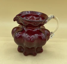 Hand Blown Ruby Art Glass Melon Shape Pitcher Creamer Vintage 4.5”