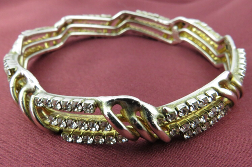 Vtg. Goldtone Prong Set Clear Rhinestone Bangle Bracelet Elegant Classic - Afbeelding 1 van 12