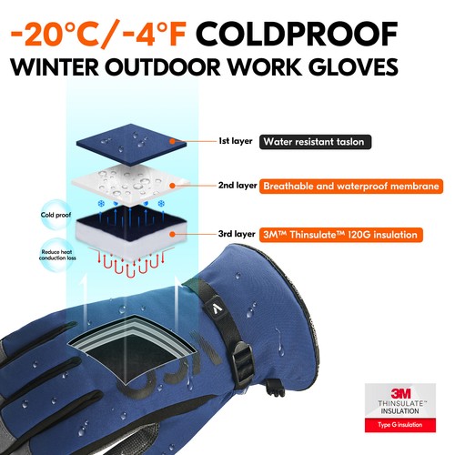 Vgo 1Pairs -4℉ Lined Touchscreen Waterproof Winter Work Gloves (SL7761FLWP-BLU) - Picture 2 of 6