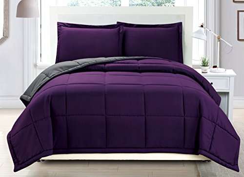 3 Piece Luxury Dark Purple / Grey Reversible Soft Down Alternative Comforter