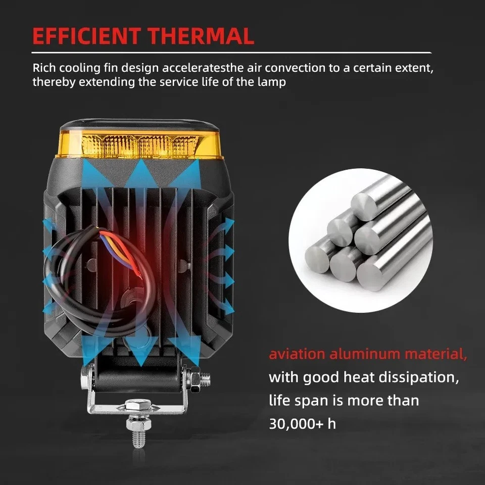 2x Fari Lavoro Led 12V 24V 10W Luce Bianca e Lampeggiante Arancione Fuoristrada - Immagine 4 di 4